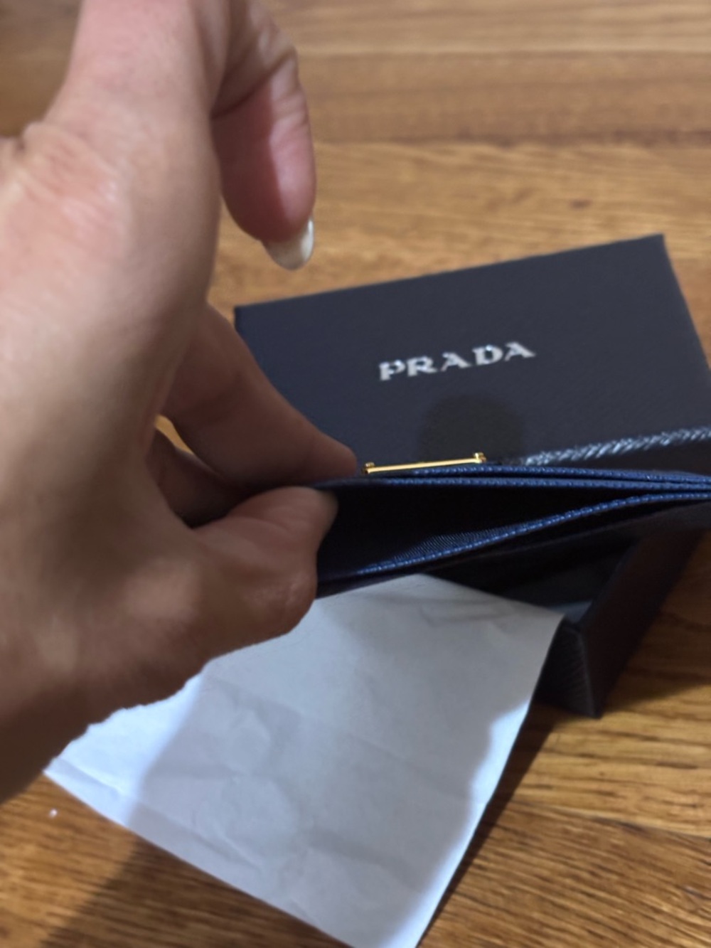 Prada Navy Bluette Saffiano Card Holder Case with Gold Triangle Logo - Picture 3 of 5